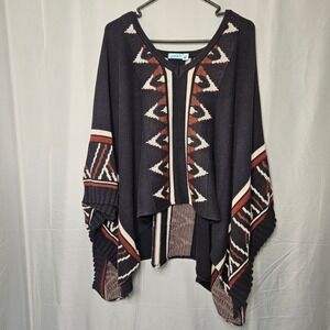 Goddis Poncho Sweater Women XS/S Black Tribal Geometric High Low Knit Brazil